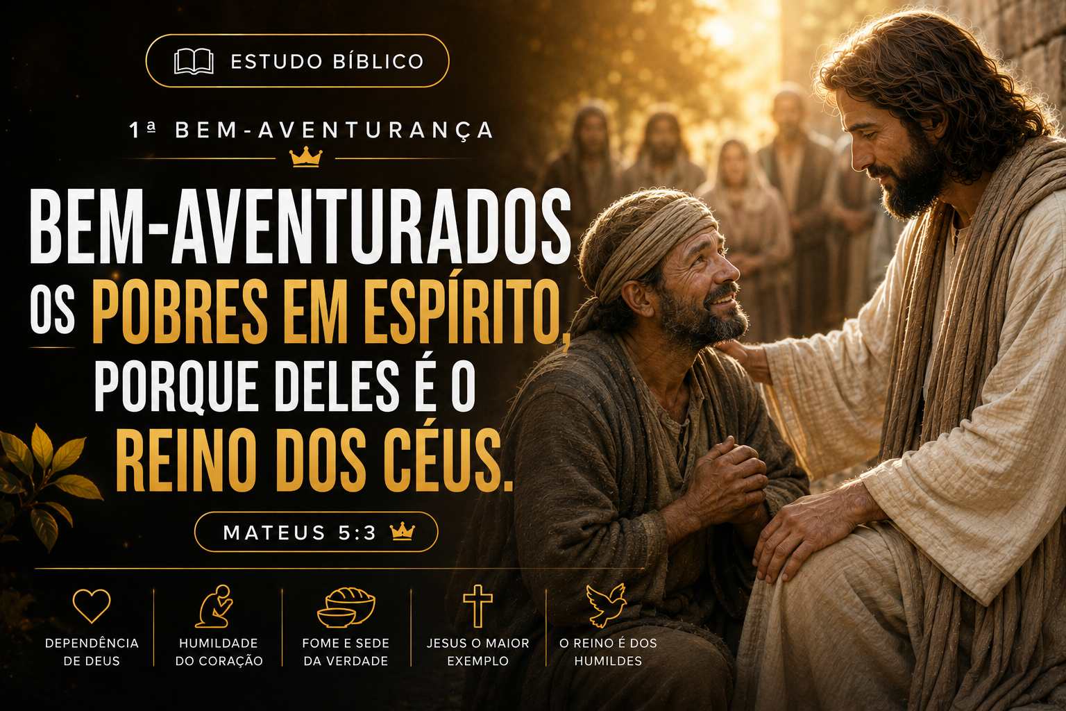 Jesus ensinando sobre a primeira bem-aventurança, os pobres em espírito, conforme Mateus 5:3