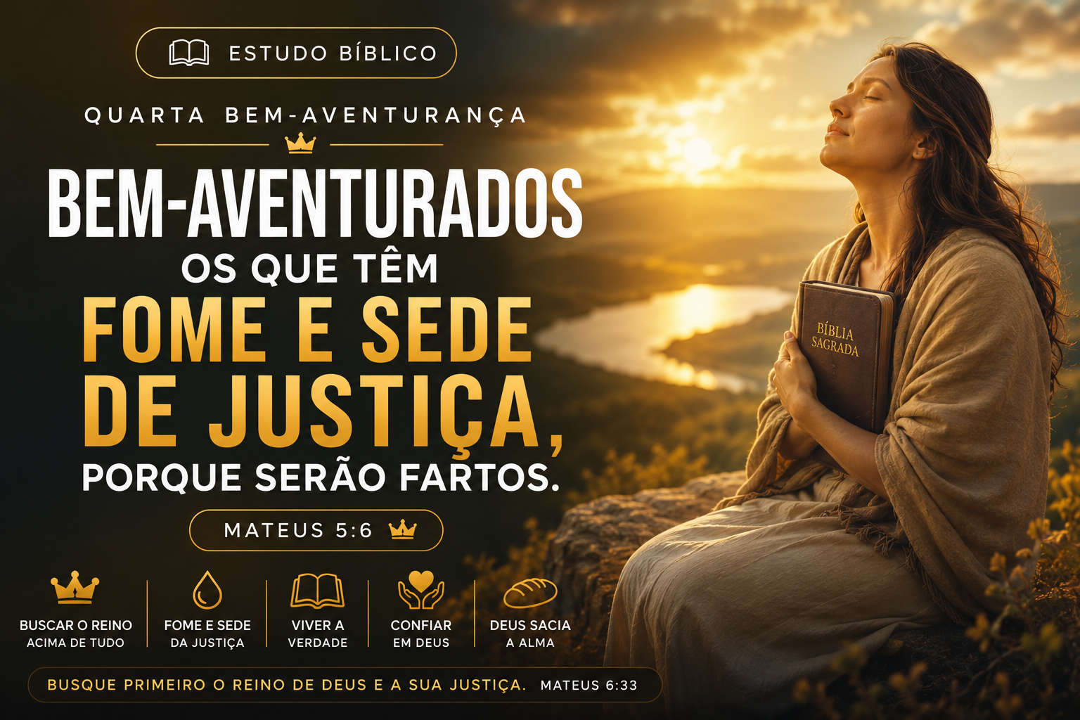 Estudo bíblico sobre a quarta bem-aventurança: fome e sede de justiça em Mateus 5:6, com mulher segurando a Bíblia ao pôr do sol.
