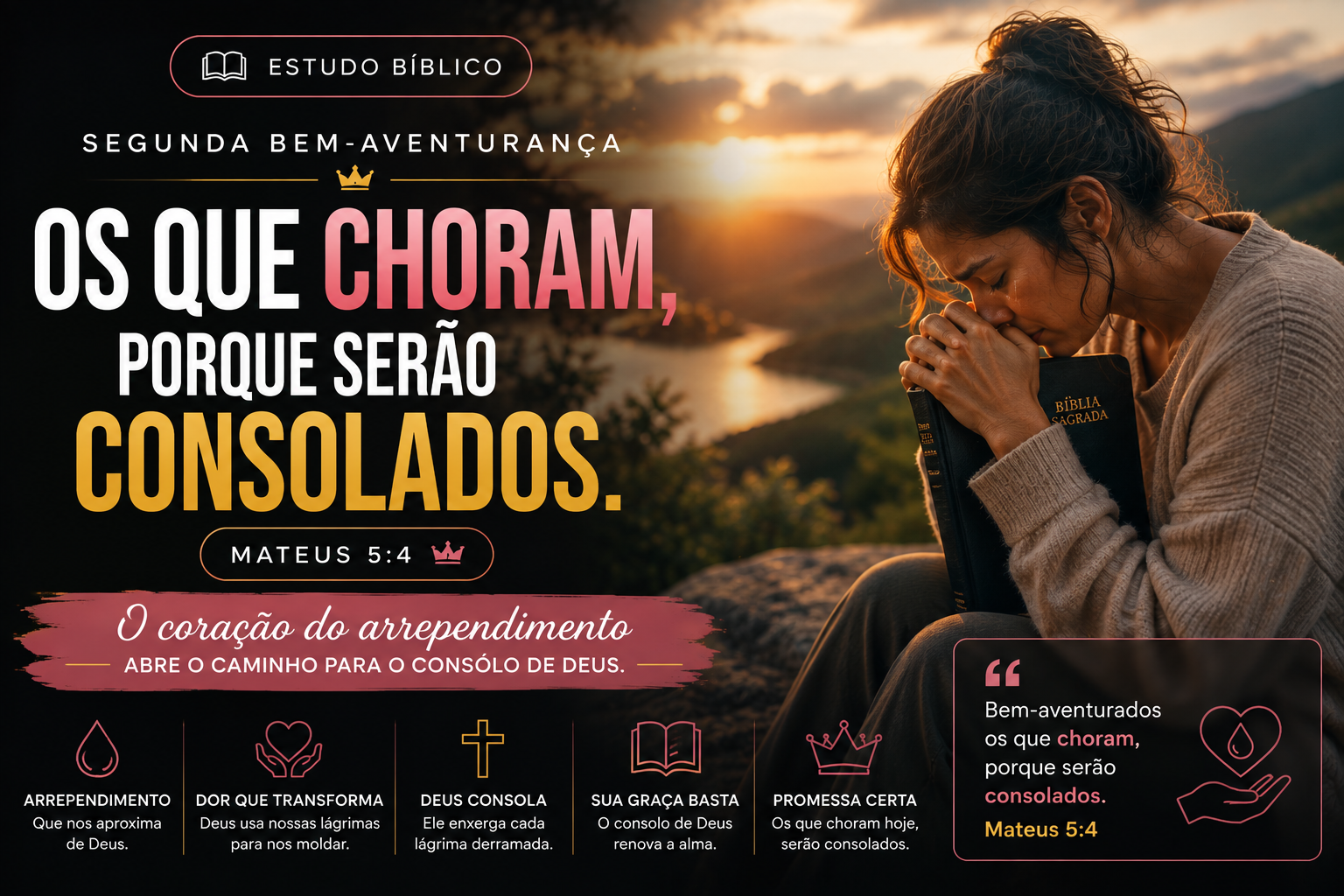 Estudo bíblico sobre a segunda bem-aventurança, com representação do consolo de Jesus aos que choram e do chamado ao arrependimento segundo Mateus 5:4.