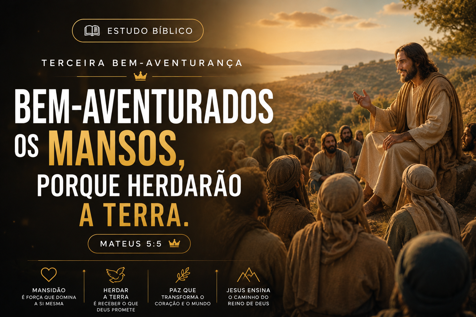 Estudo bíblico sobre a terceira bem-aventurança, com representação de Jesus ensinando sobre a mansidão segundo Mateus 5:5.
