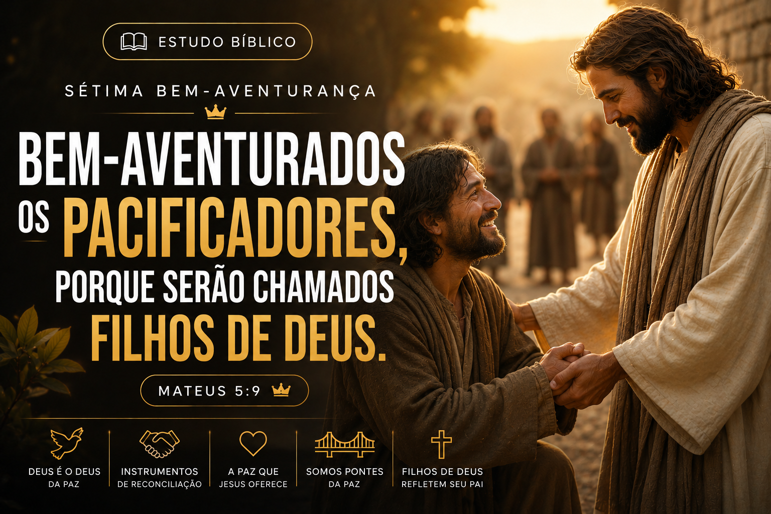 Jesus ensinando sobre a paz a uma pessoa em cenário bíblico, representando a sétima bem-aventurança de Mateus 5:9