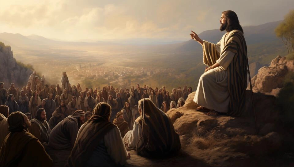 Jesus ensinando no Sermão da Montanha aos discípulos e à multidão