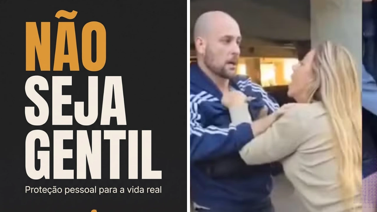 Capa do livro "Não Seja Gentil" ao lado de imagem do episódio em que a pastora Renata Vieira segura o colarinho do entregador durante discussão em condomínio.