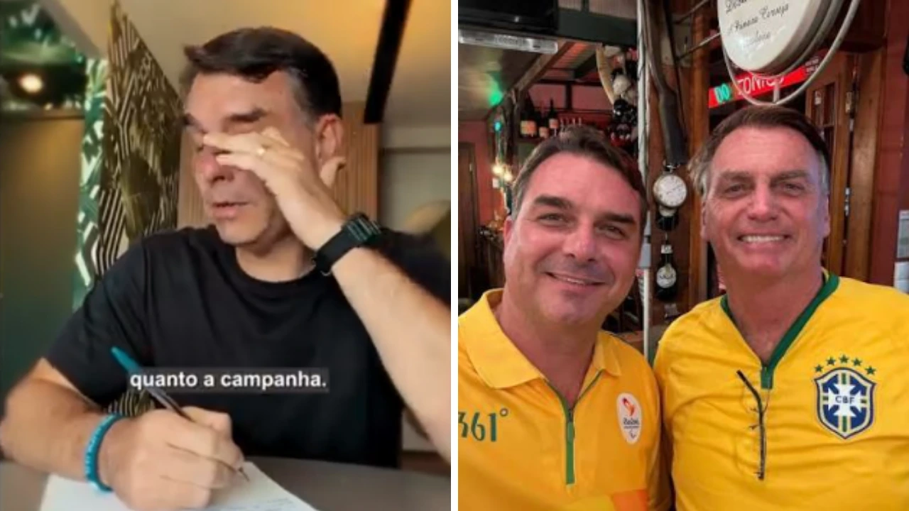 Flávio Bolsonaro emocionado enquanto escreve uma carta para Jair Bolsonaro e imagem dos dois abraçados.