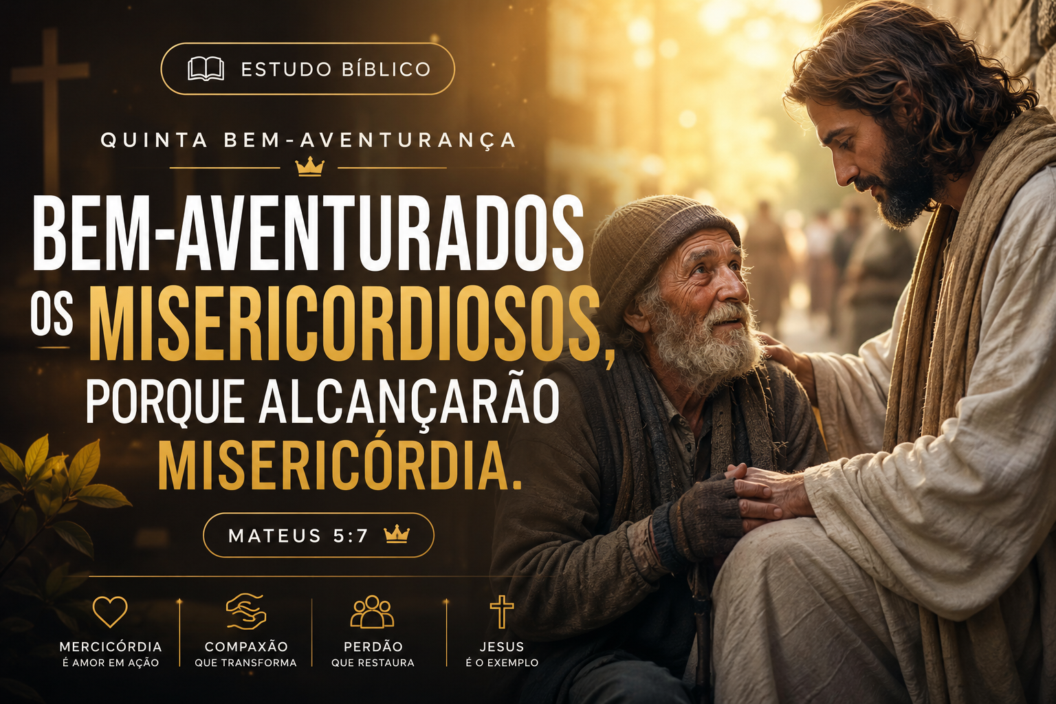 Estudo bíblico sobre a quinta bem-aventurança, com representação da misericórdia, compaixão e amor ao próximo segundo Mateus 5:7.