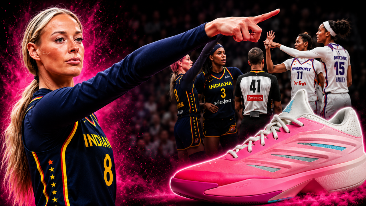 Ilustração em IA inspirada em Sofie Cunningham apontando o dedo durante partida da WNBA.